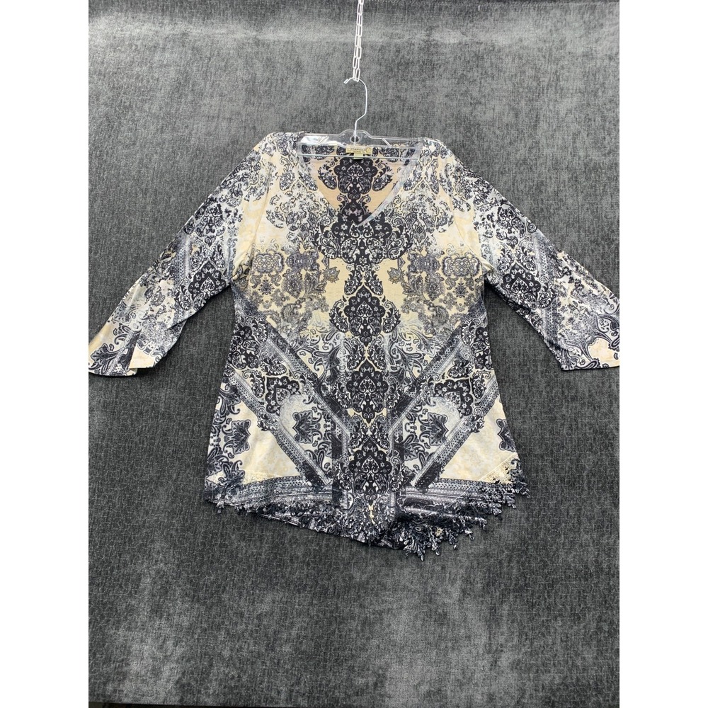 One World Blouse Top Womens Extra Large Petite Multicolor Paisley Tassel V Neck